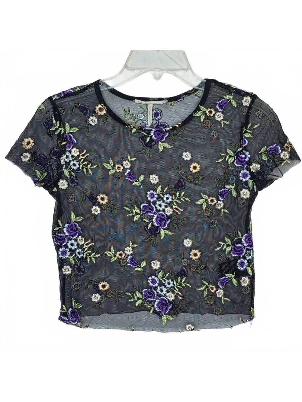 Urban Outfitters Black Mesh Tee Blouse with Embroidered Flowers Sz S 90's Crop - Picture 2 of 6